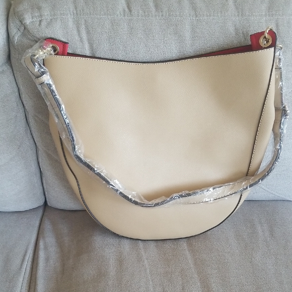 Chic Beige Hobo Bag with Red Accents